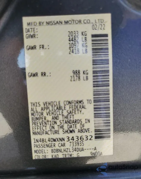 2022 Nissan Altima Sv z USA, uszkodzony, nr VIN 1N4BL4DWXNN343632